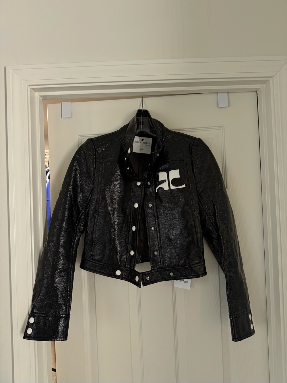 Courreges Black Cropped Reedition Vinyl Jacket with White Logo Detail Size 34